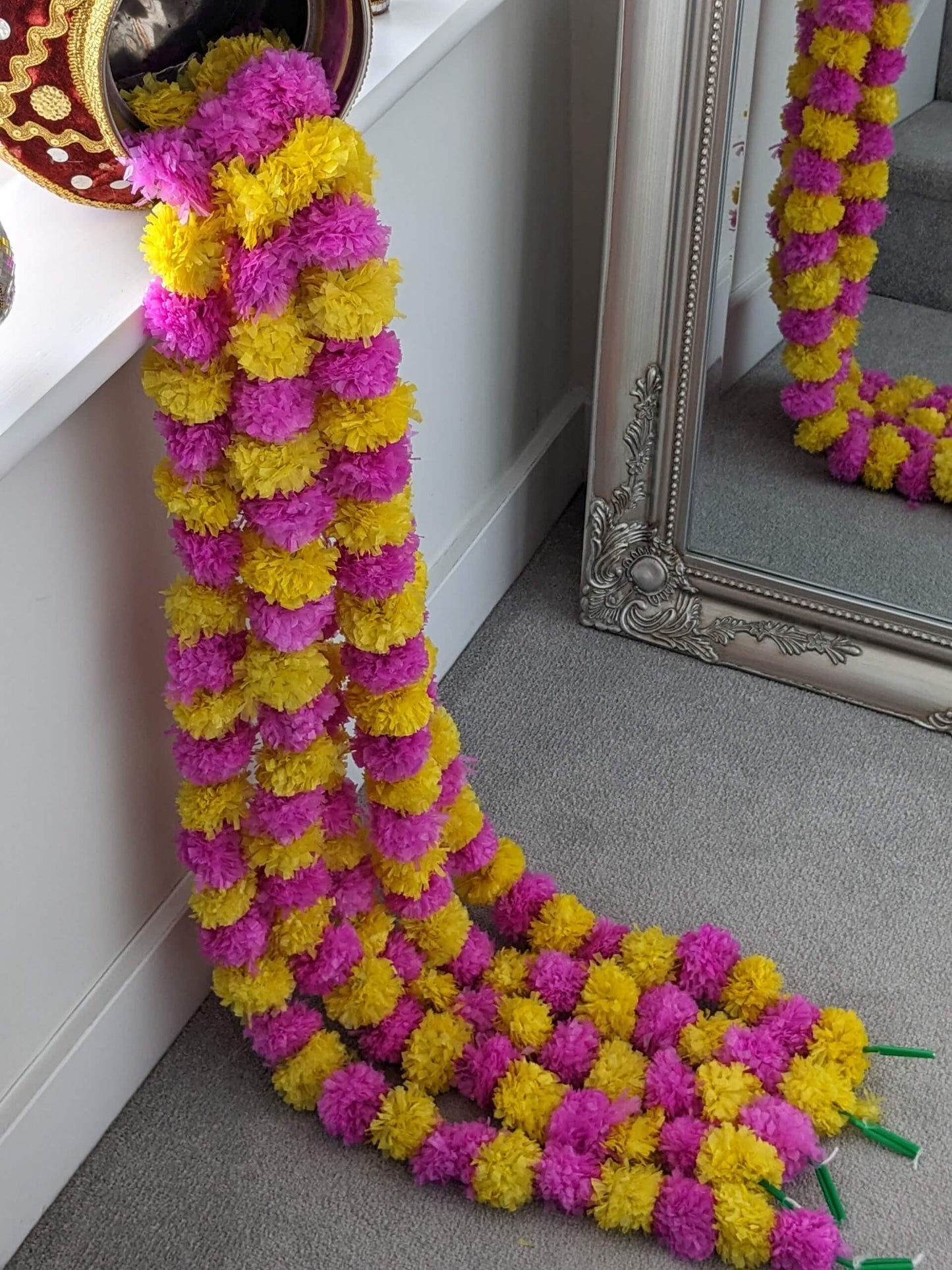 Pink & Yellow Artificial Marigold Flower Garlands – 5 Pack (5ft) | Dual Colour Indian & Pakistani Wedding, Mehndi, Haldi, Baby Shower & Festival Décor