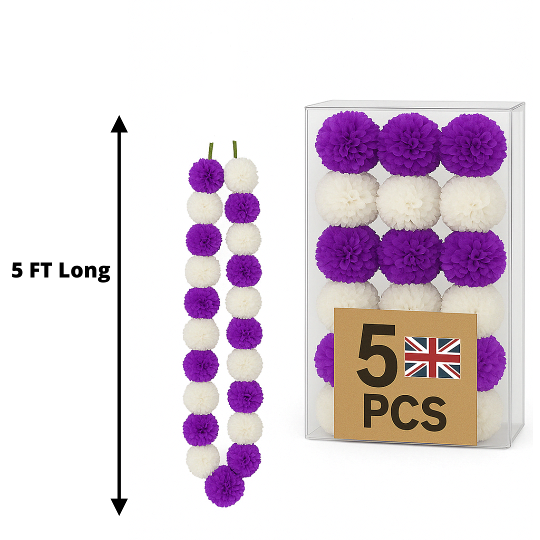 Purple & White Artificial Marigold Flower Garlands – 5 Pack (5ft) | Dual Colour Indian & Pakistani Wedding, Pooja, Sangeet & Festival Décor