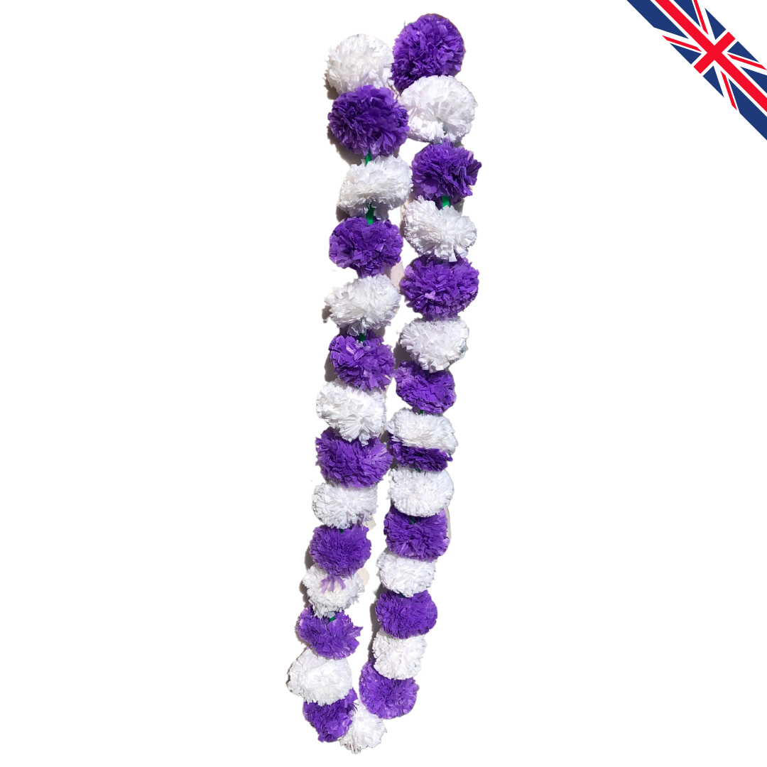 Purple & White Artificial Marigold Flower Garlands – 5 Pack (5ft) | Dual Colour Indian & Pakistani Wedding, Pooja, Sangeet & Festival Décor