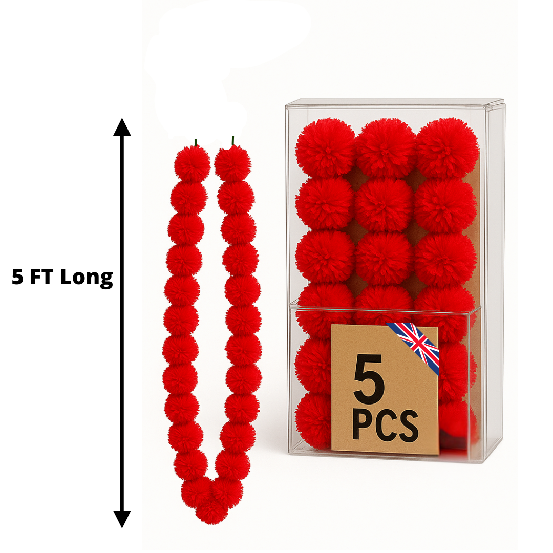 Red Artificial Marigold Flower Garlands – 5 Pack (5ft) | Indian & Pakistani Wedding, Haldi, Mehndi, Sangeet & Festival Décor