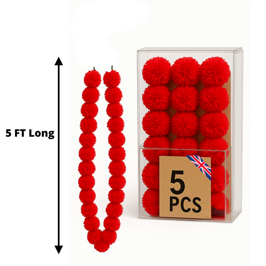 Red Artificial Marigold Flower Garlands – 5 Pack (5ft) | Indian & Pakistani Wedding, Haldi, Mehndi, Sangeet & Festival Décor