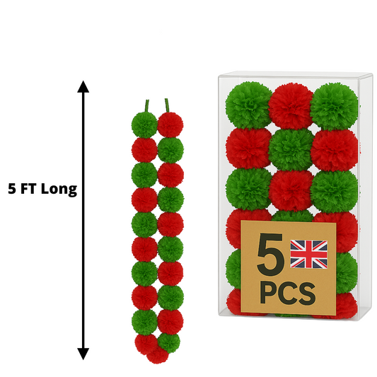 Red & Green Artificial Marigold Flower Garlands – 5 Pack (5ft) | Dual Colour Indian & Pakistani Wedding, Haldi, Mehndi, Sangeet & Festival Décor