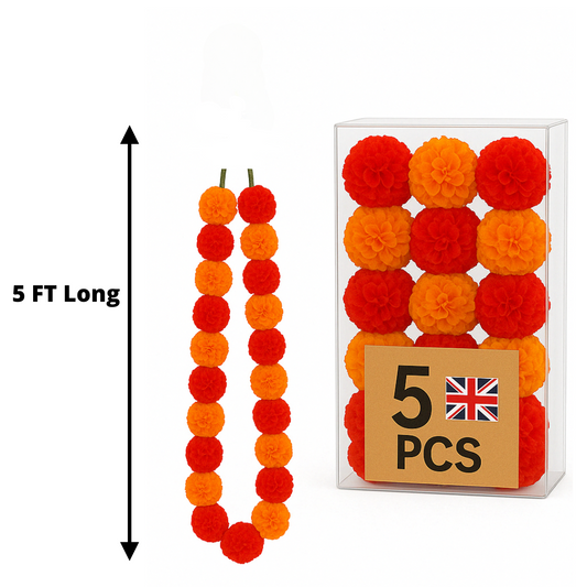 Red & Orange Artificial Marigold Flower Garlands – 5 Pack (5ft) | Dual Colour Indian & Pakistani Wedding, Mandap, Haldi, Pooja & Festival Décor