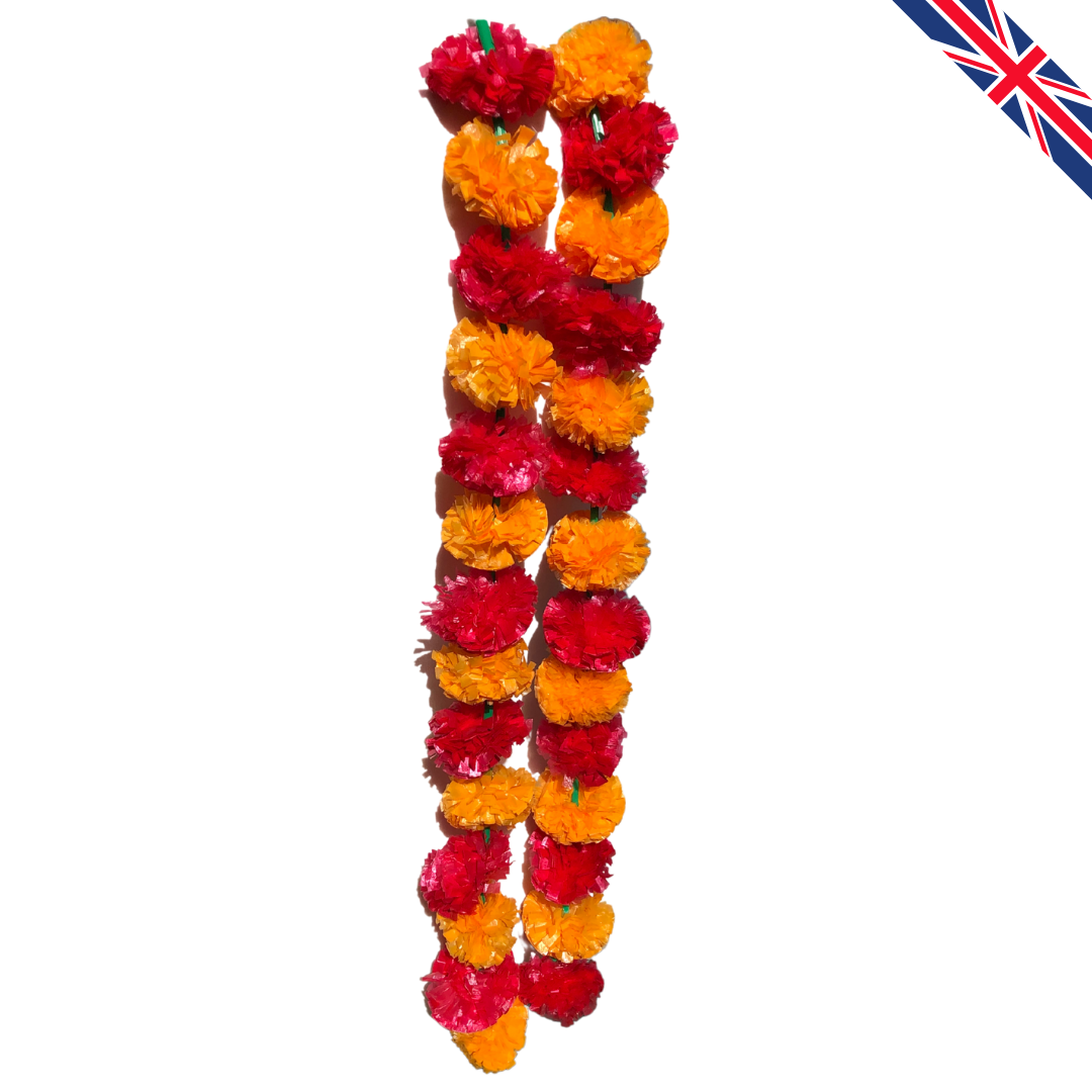 Red & Orange Artificial Marigold Flower Garlands – 5 Pack (5ft) | Dual Colour Indian & Pakistani Wedding, Mandap, Haldi, Pooja & Festival Décor