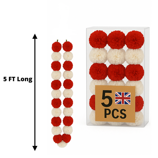 Red & White Artificial Marigold Flower Garlands – 5 Pack (5ft) | Dual Colour Indian & Pakistani Wedding, Pooja, Haldi, Sangeet & Festival Décor