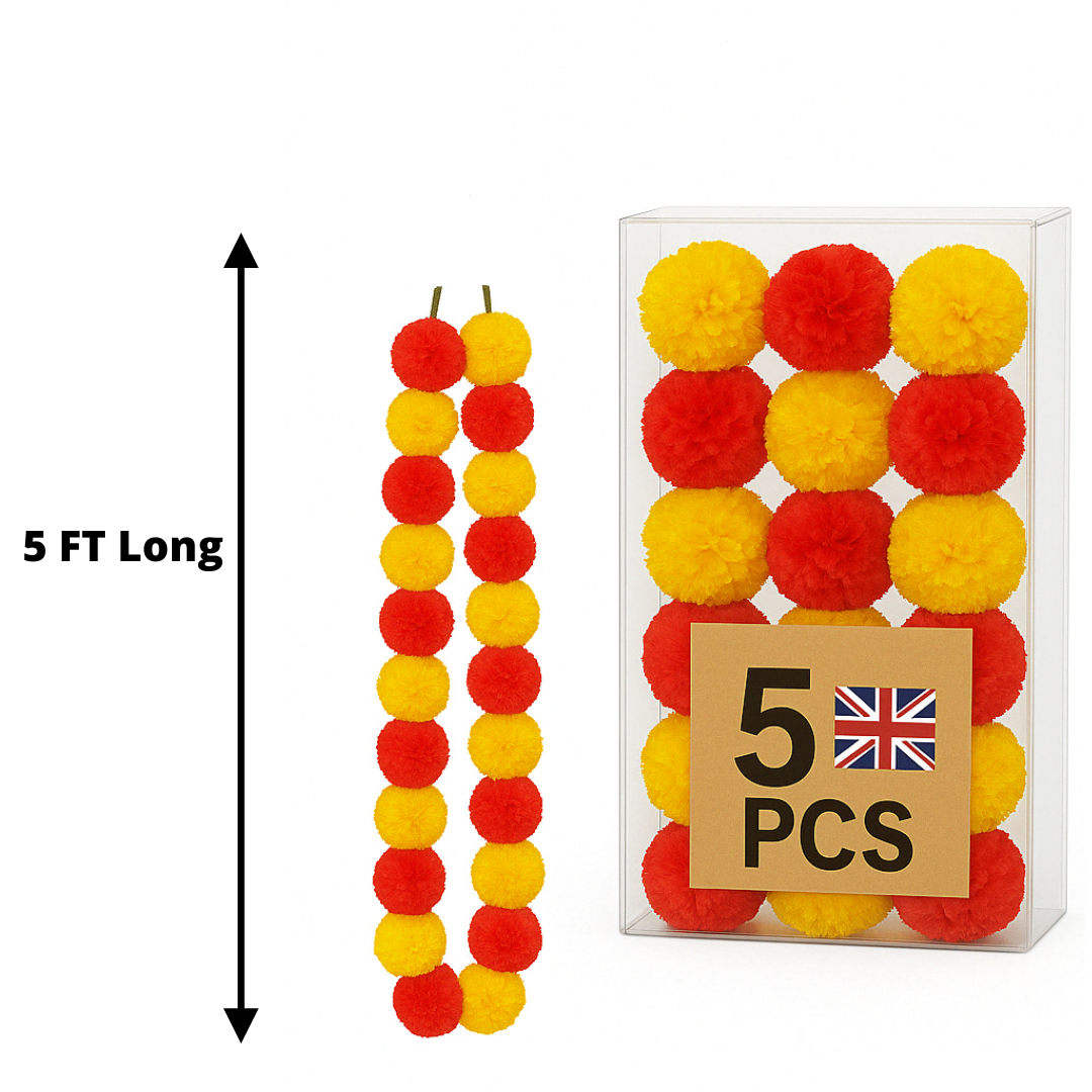 Red & Yellow Artificial Marigold Flower Garlands – 5 Pack (5ft) | Dual Colour Indian & Pakistani Wedding, Haldi, Mehndi, Sangeet & Festival Décor