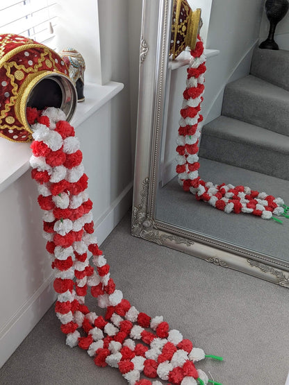 Red & White Artificial Marigold Flower Garlands – 5 Pack (5ft) | Dual Colour Indian & Pakistani Wedding, Pooja, Haldi, Sangeet & Festival Décor
