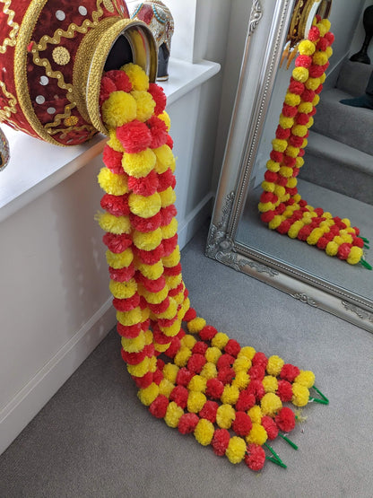 Red & Yellow Artificial Marigold Flower Garlands – 5 Pack (5ft) | Dual Colour Indian & Pakistani Wedding, Haldi, Mehndi, Sangeet & Festival Décor