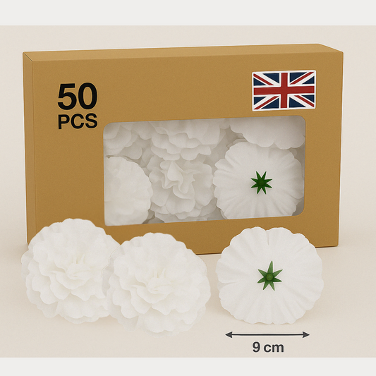 White Artificial Silk Flower Heads – 50 Pcs (9 cm)