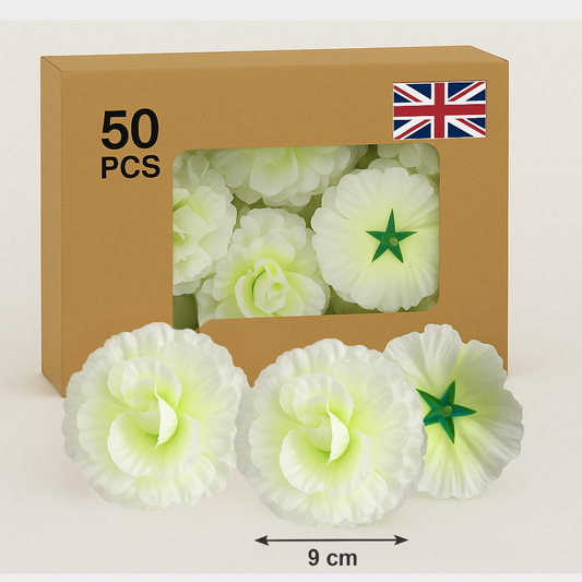 White & Lime Artificial Silk Flower Heads – 50 Pcs (9 cm)