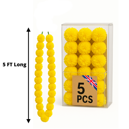 Yellow Artificial Marigold Flower Garlands – 5 Pack (5ft) | Indian & Pakistani Wedding, Haldi, Mehndi, Sangeet & Festival Décor