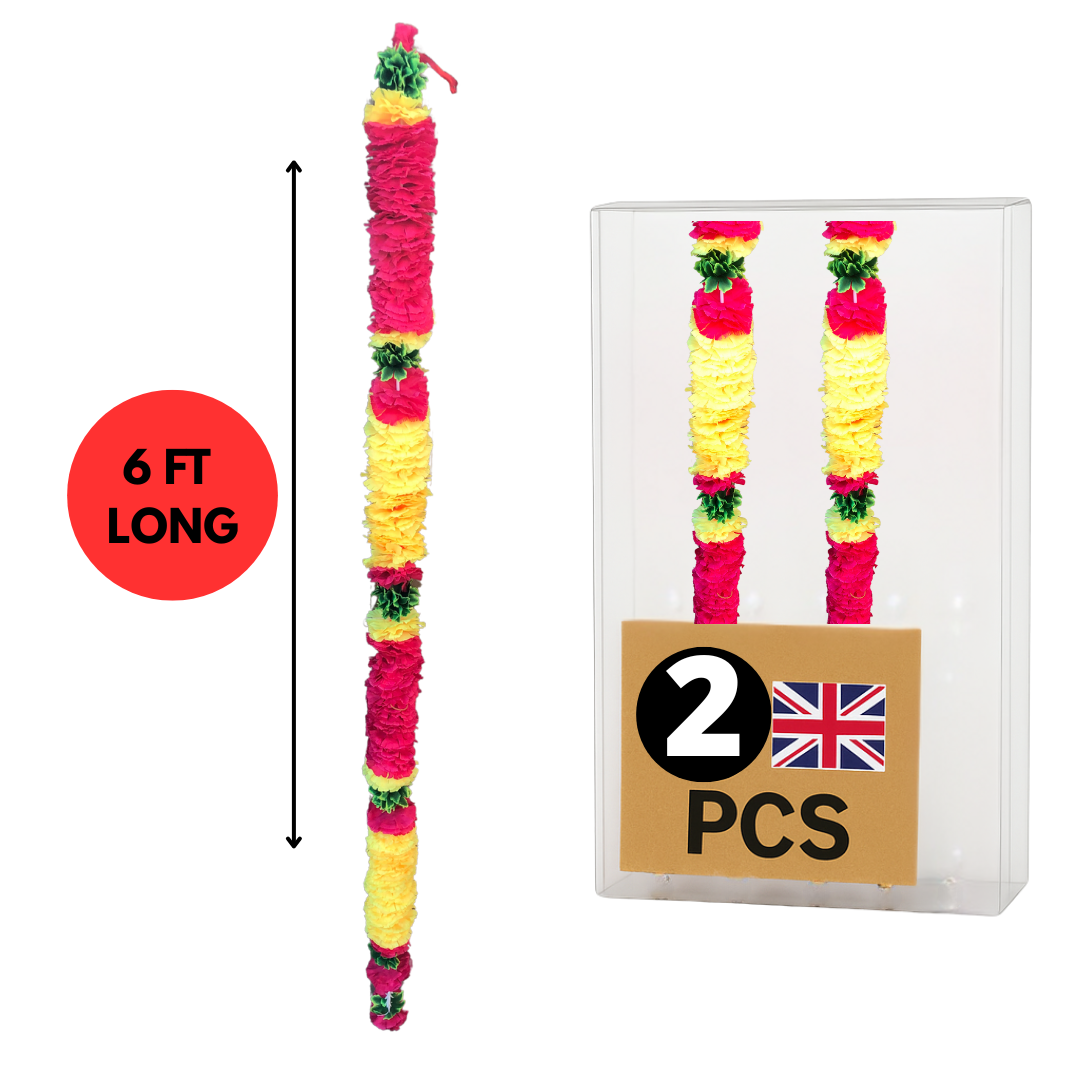 Yellow & Magenta Fluffy Artificial Flowers Deluxe Garlands MX010 – 2 Pack (6ft) | Indian & Pakistani Wedding, Haldi, Mehndi, Dholki, Sangeet & Festival Hanging Décor