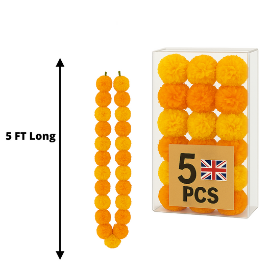 Yellow & Orange Artificial Marigold Flower Garlands – 5 Pack (5ft) | Dual Colour Indian & Pakistani Wedding, Haldi, Mehndi, Sangeet & Festival Décor