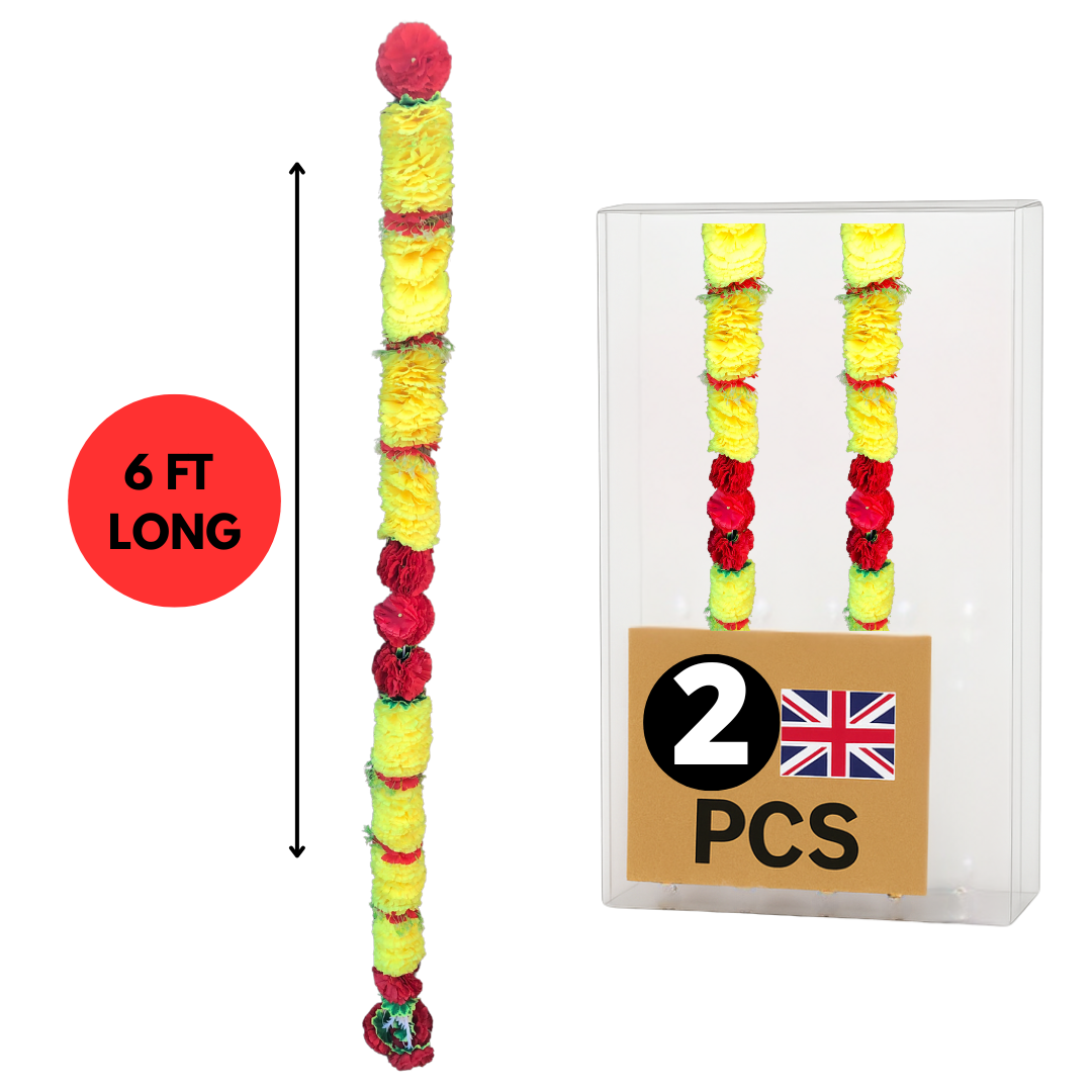 Yellow & Red Fluffy Artificial Flowers Deluxe Garlands MX009 – 2 Pack (6ft) | Indian & Pakistani Wedding, Haldi, Mehndi, Dholki, Sangeet & Festival Hanging Décor