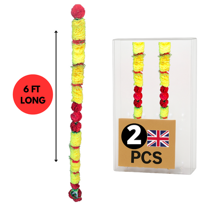 Yellow & Red Fluffy Artificial Flowers Deluxe Garlands MX009 – 2 Pack (6ft) | Indian & Pakistani Wedding, Haldi, Mehndi, Dholki, Sangeet & Festival Hanging Décor