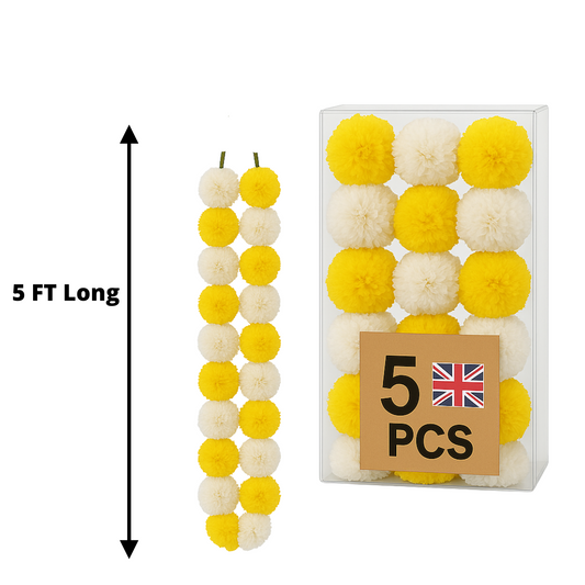 Yellow & White Artificial Marigold Flower Garlands – 5 Pack (5ft) | Dual Colour Indian & Pakistani Wedding, Haldi, Mehndi, Sangeet & Festival Décor