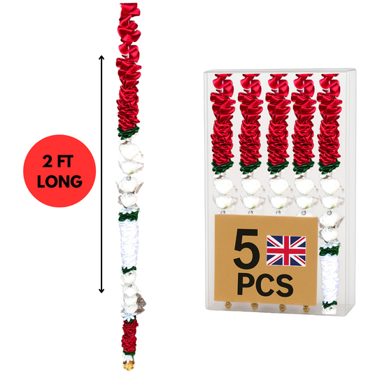 Red & White Satin Ribbon Garland TSRW1 - Small Artificial Garlands - 5 Pack (2ft) | Indian & Pakistani Wedding, Haldi, Mehndi, Dholki, Sangeet & Festival Hanging Décor