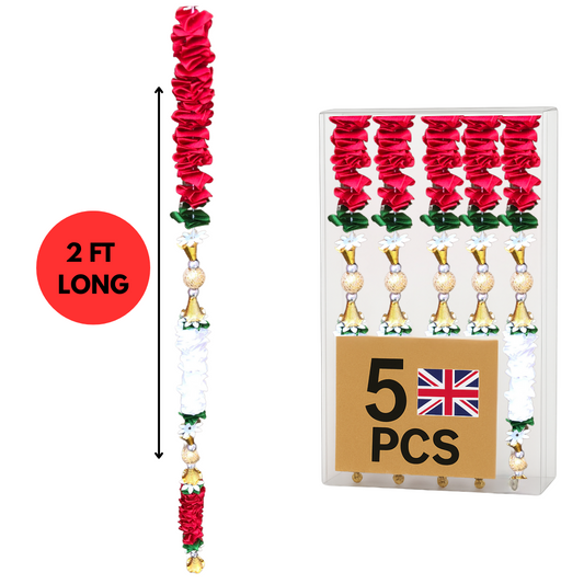 Red & White Satin Ribbon Garland TSRW2 - Small Artificial Garlands - 5 Pack (2ft) | Indian & Pakistani Wedding, Haldi, Mehndi, Dholki, Sangeet & Festival Hanging Décor