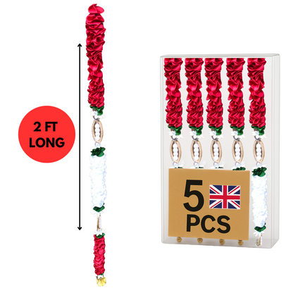 Red & White Satin Ribbon Garland TSRW3 - Small Artificial Garlands - 5 Pack (2ft) | Indian & Pakistani Wedding, Haldi, Mehndi, Dholki, Sangeet & Festival Hanging Décor